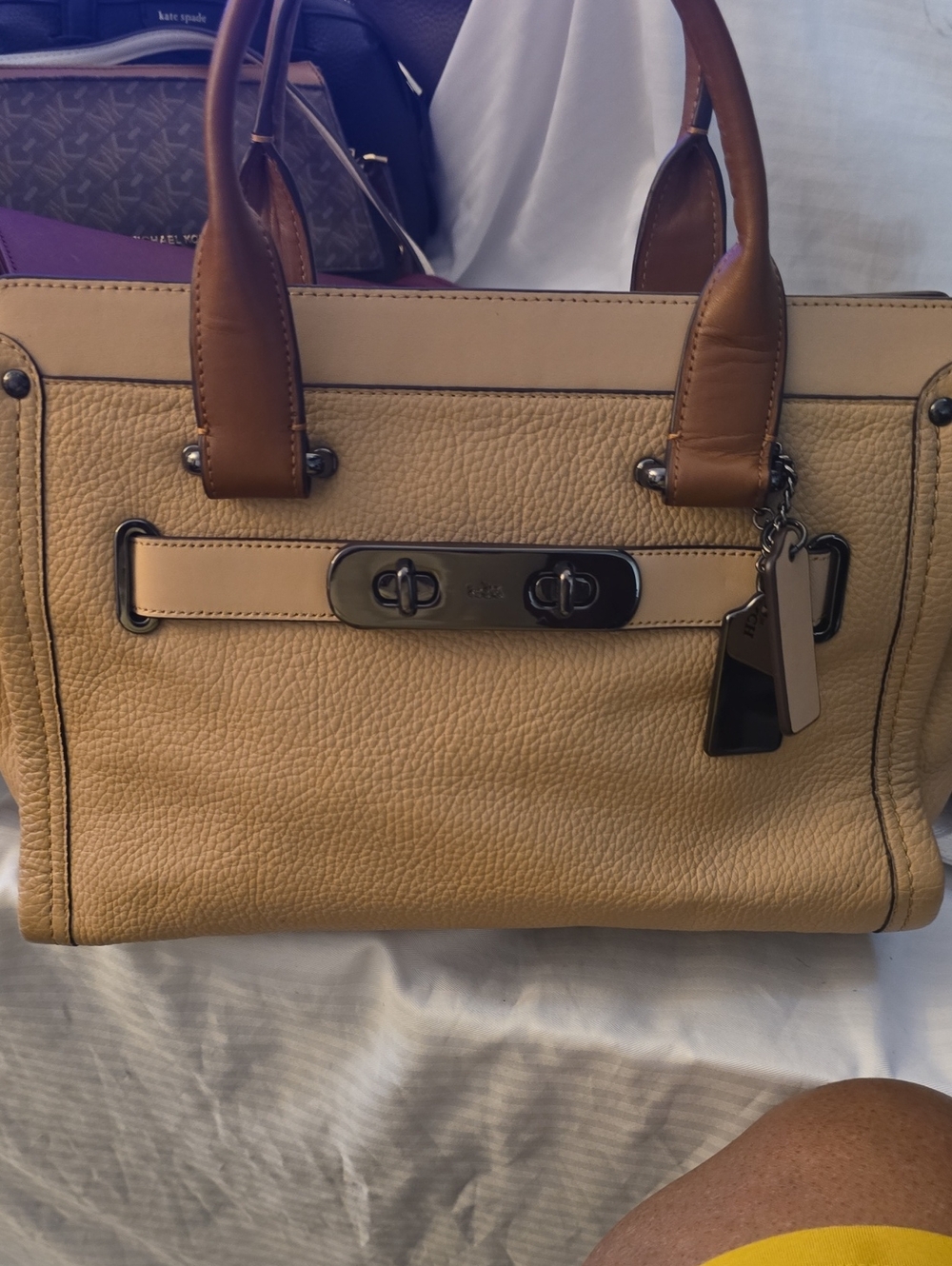 Coach Pebbled Leather Satchel in Beige and Tan Trim